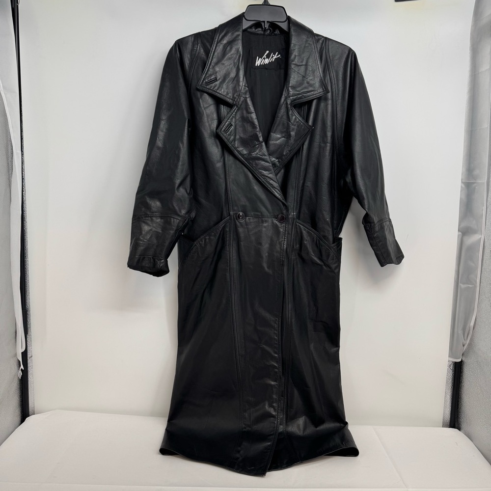 Vintage Winlit size M 80s /90s Black Leather Trench Coat. Tapered Waist